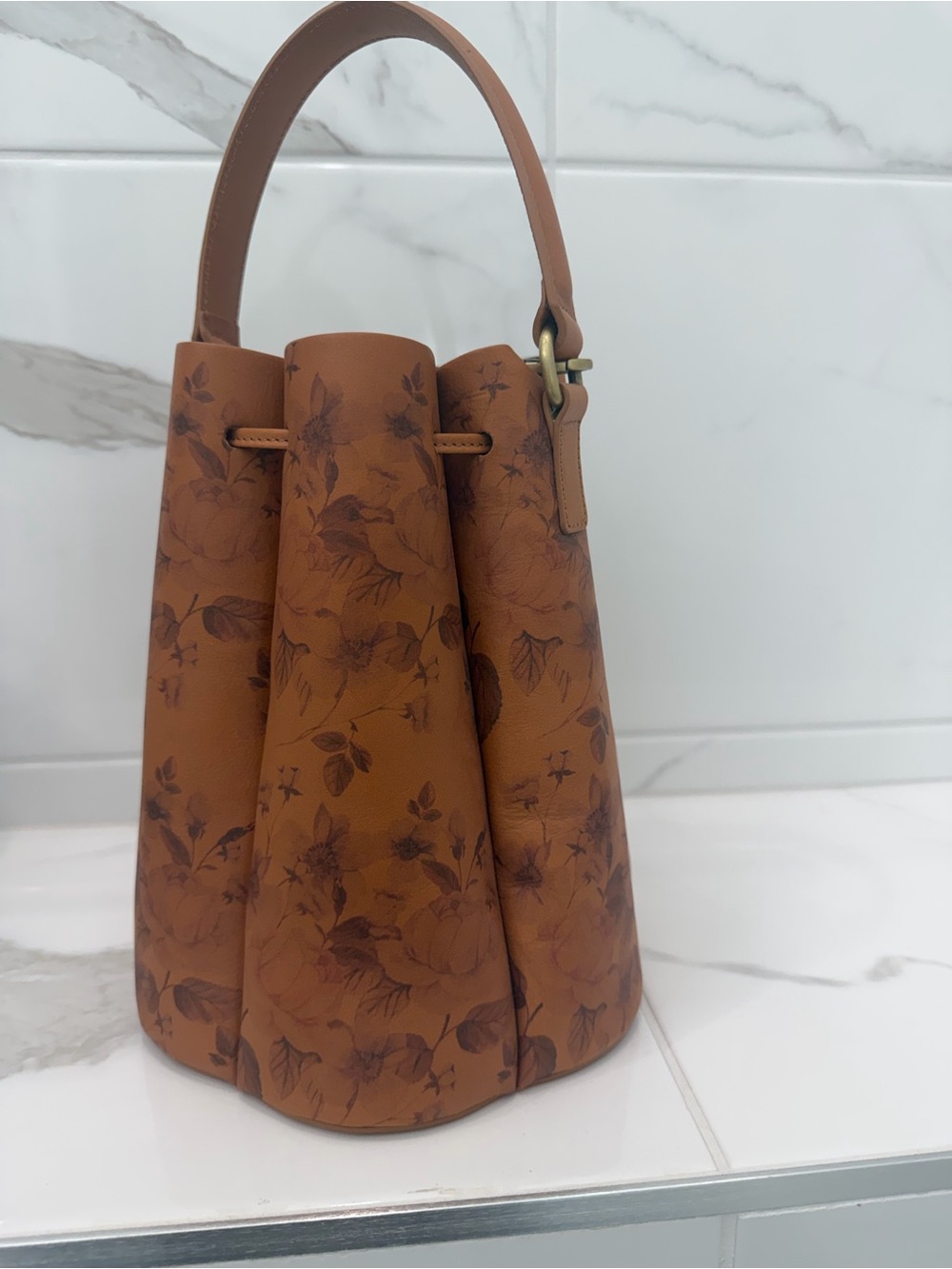 Anthropologie Brown Floral Bucket Bag